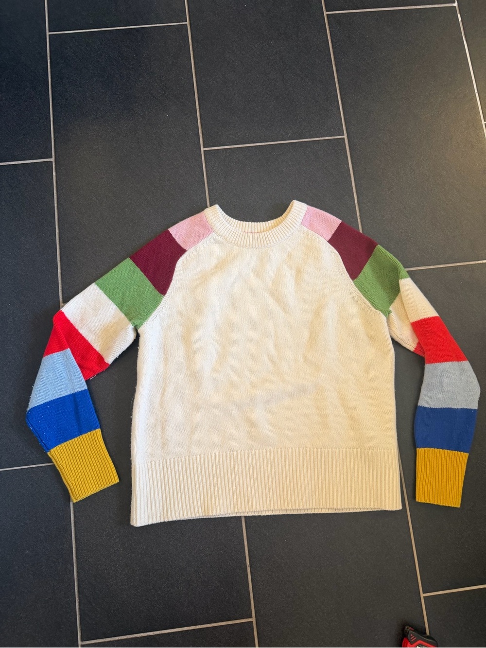 Boden Olivia Stripe Sleeve Sweater M 100% Merino Wool Colorblock Rainbow Cream